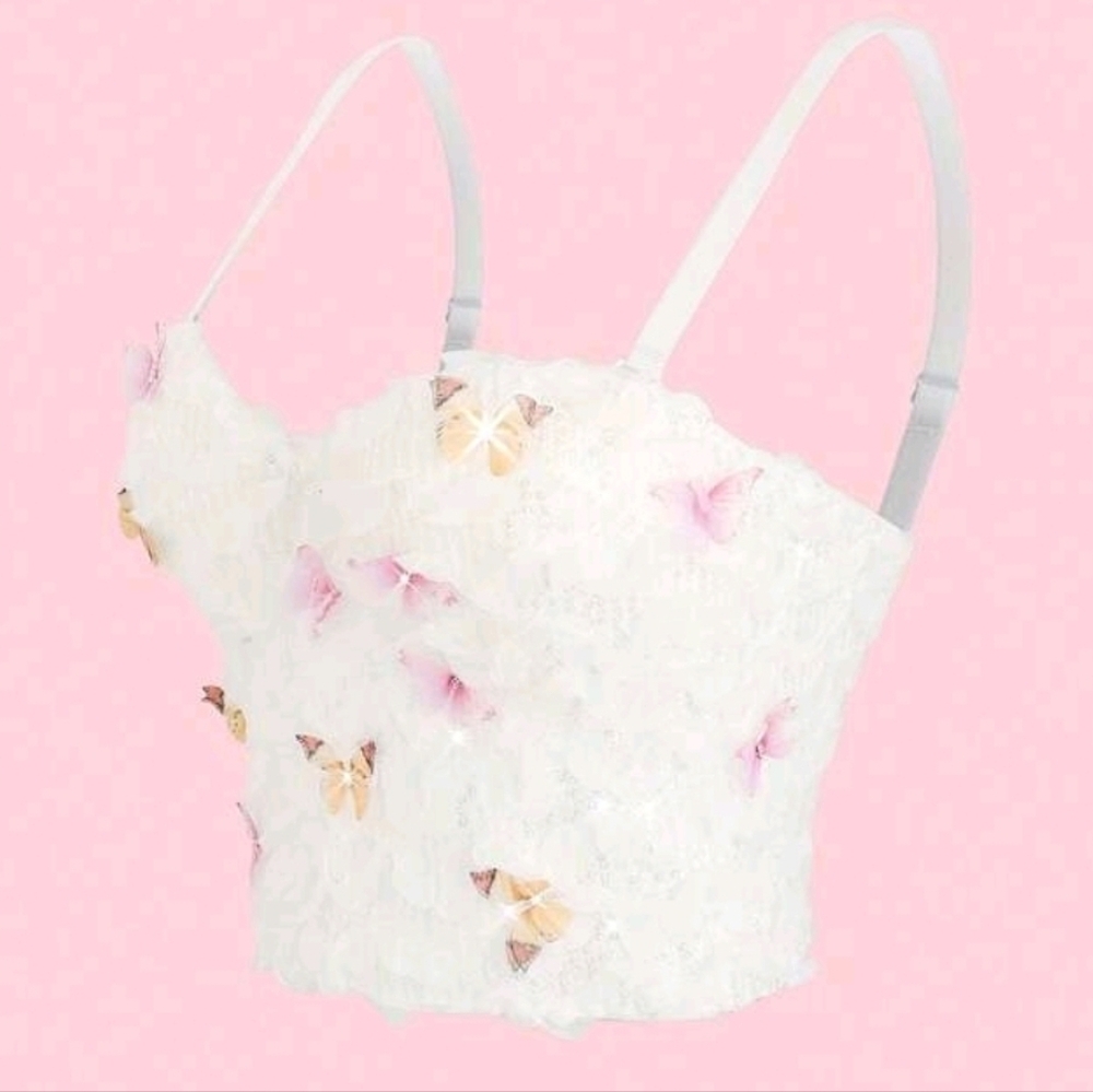 Cute Butterfly Lace Ditsy Floral Camisole With Padding, Backless Crop Top - Picture 5 of 7